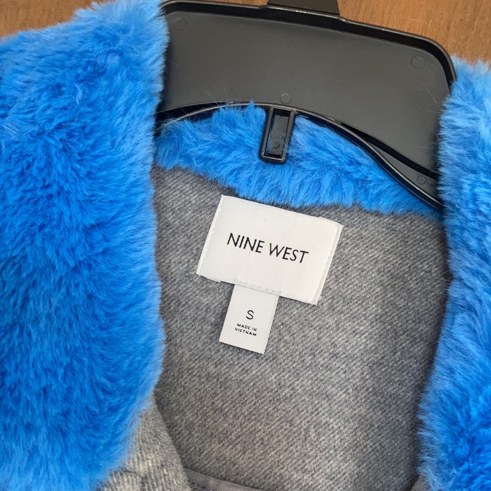 Nine West coat faux fur collar blue collar gray coat moto like style S - Picture 7 of 17